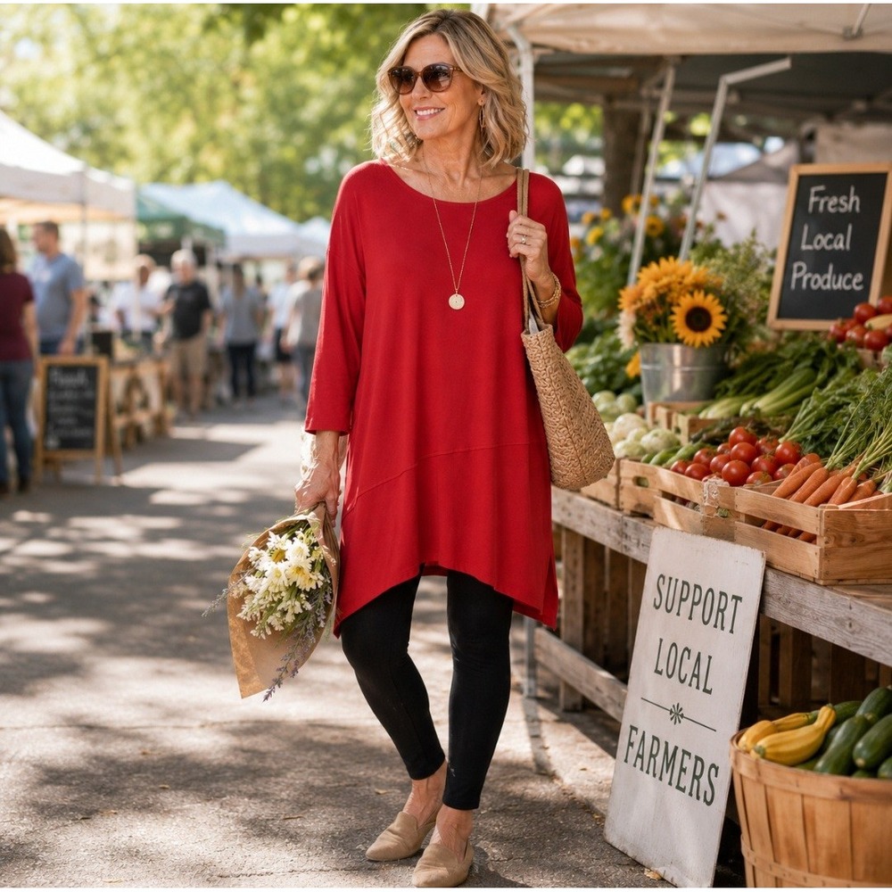 Eileen Fisher Red Viscose Stretch Tunic Top L Oversized Asymmetrical Hem
